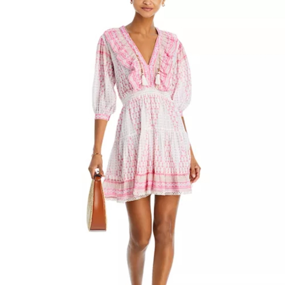 Bell Rain‎ Light Past pink Multi Puff Sleeve Mini Dress Silk Sz Large - Picture 3 of 12